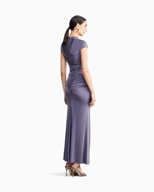Giorgio Armani Purple Shiny Viscose Jersey Long Dress With Gathered Detail