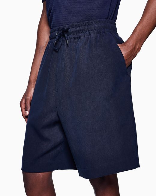 Giorgio Armani Blue Linen Canvas Flat-Front Bermuda Shorts for men
