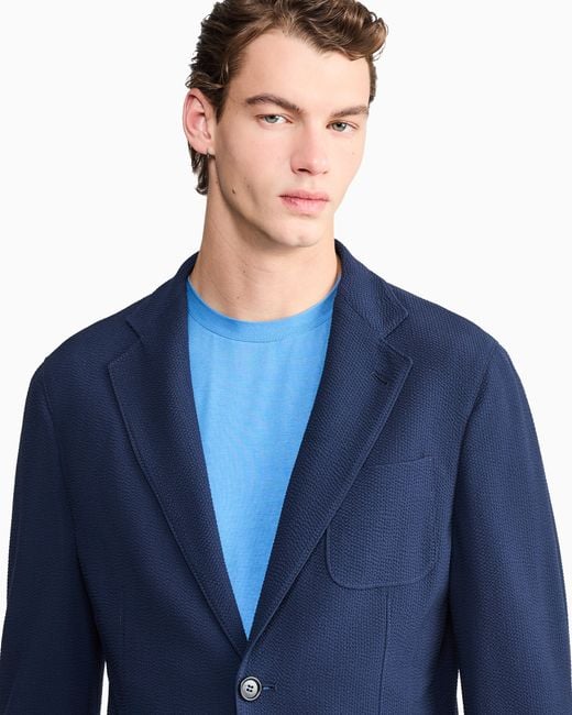 Giorgio Armani Blue Single-Breasted Virgin Wool Seersucker Jacket for men