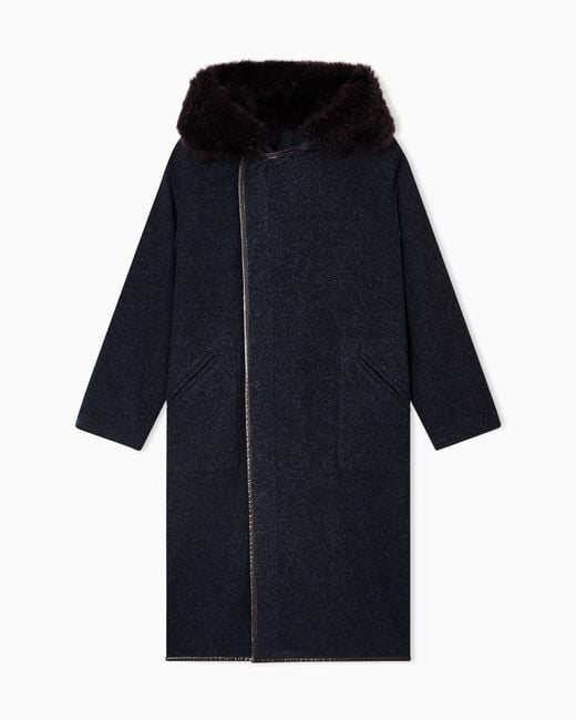 Giorgio Armani Blue Cashmere And Wool Long Coat With Hood for men