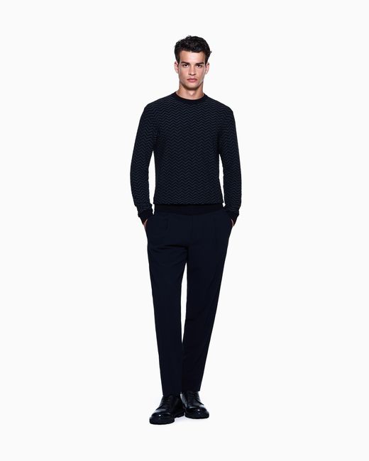 Giorgio Armani Men's Black Plated Chevron Virgin Wool, Crew-Neck