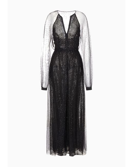 Robe Longue En Soie Et Tulle Avec Strass All Over Giorgio Armani en coloris Black