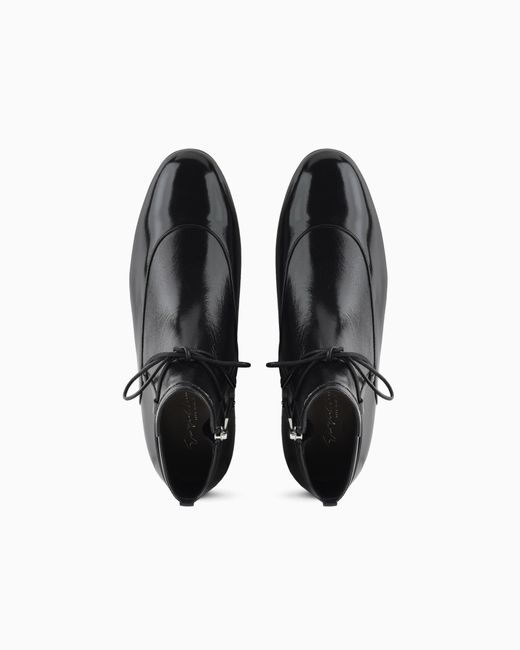 Giorgio Armani Black Textured Patent-Leather Ankle Boots