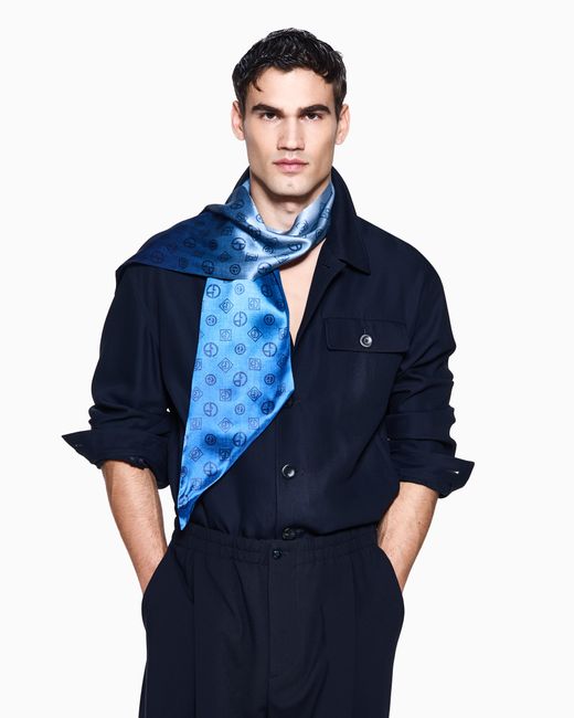 Giorgio Armani Blue Silk Satin Scarf With Monogram Print for men