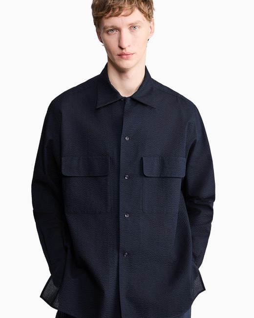 Giorgio Armani Blue Cotton-Seersucker Shirt With Pockets for men