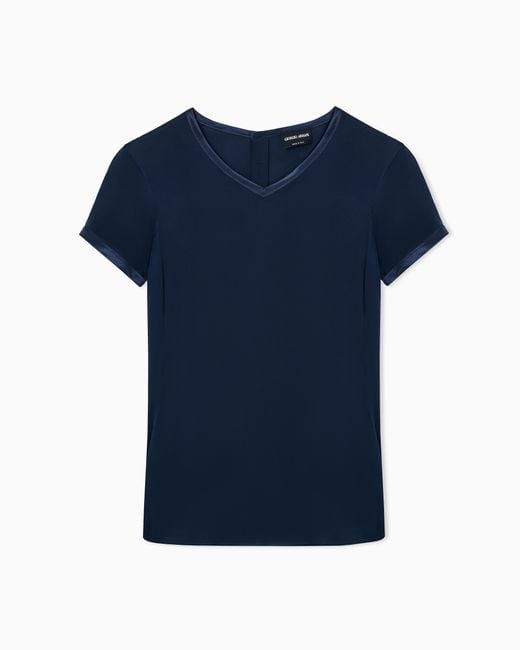 Giorgio Armani Blue Silk Charmeuse Blouse With V Neckline