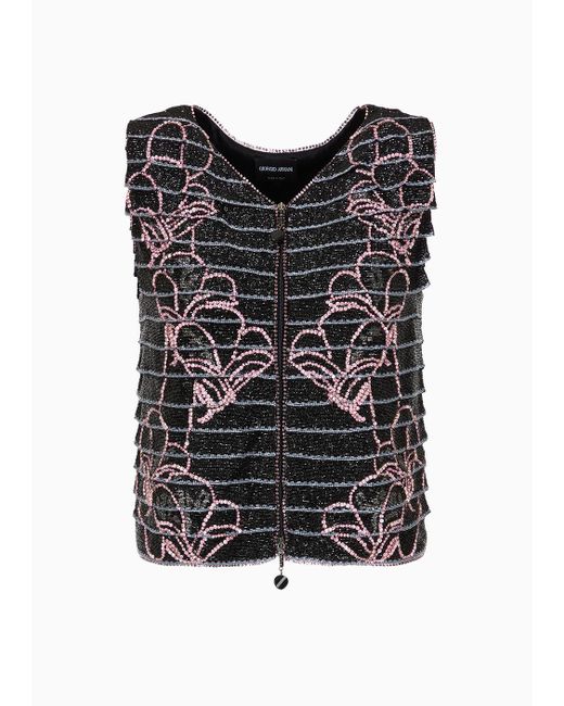 Giorgio Armani Black Top With Zip And Floral Embroidery