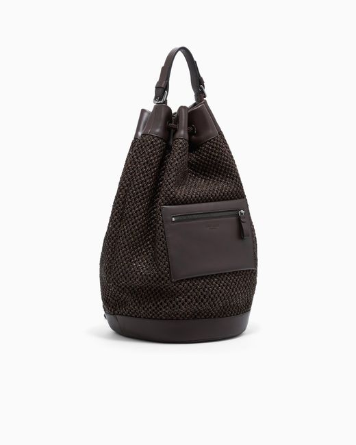 Giorgio Armani Black Raffia And Leather Backpack for men