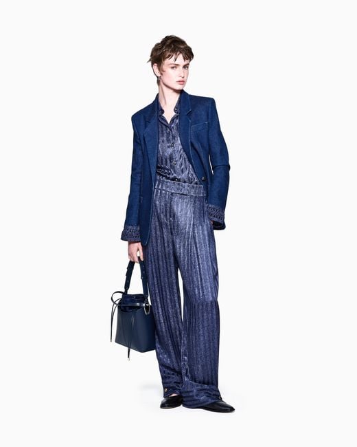 Giorgio Armani Blue Denim-Print Silk Trousers With Pleats Denim Collection