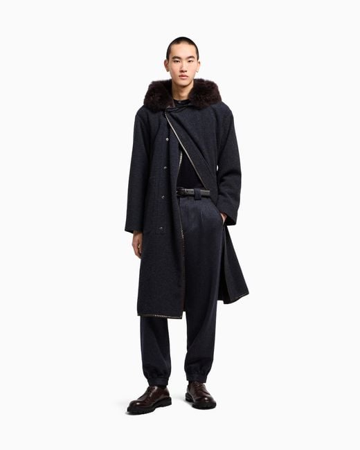 Giorgio Armani Blue Cashmere And Wool Long Coat With Hood for men
