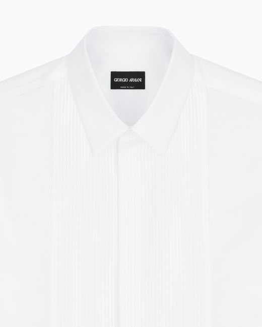 Giorgio Armani White Cotton Tuxedo Shirt With Pleated Detail for men