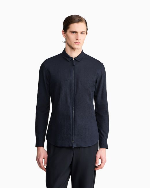 Giorgio Armani Blue Zipped, Cotton-Seersucker Shirt for men