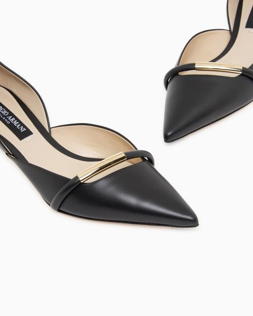 Giorgio Armani White Pointed Toe Leather Pumps With Strap And Low Heel