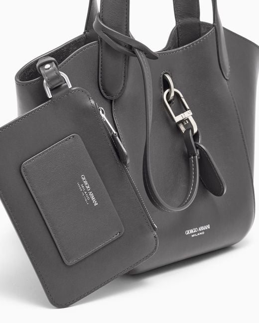 Giorgio Armani Gray Leather Handbag With A Geometric Base And A Snap-Hook Clasp