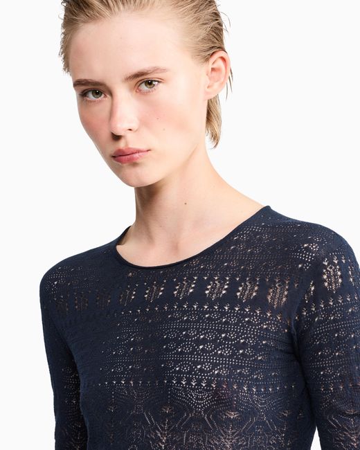 Giorgio Armani Blue Sweater Slim Crew Neck Stretch Cotton Lace
