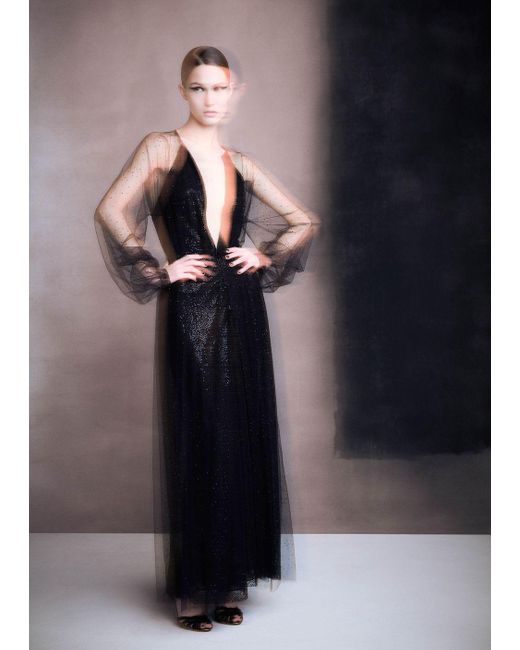 Giorgio Armani Black Silk And Tulle Long Dress With All-over Rhinestones