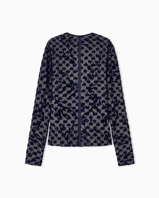 Giorgio Armani Blue Crew-Neck Jacquard Jersey Top With Geometric Floral Motif