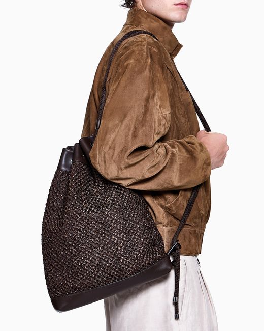 Giorgio Armani Brown Raffia And Leather Sack for men