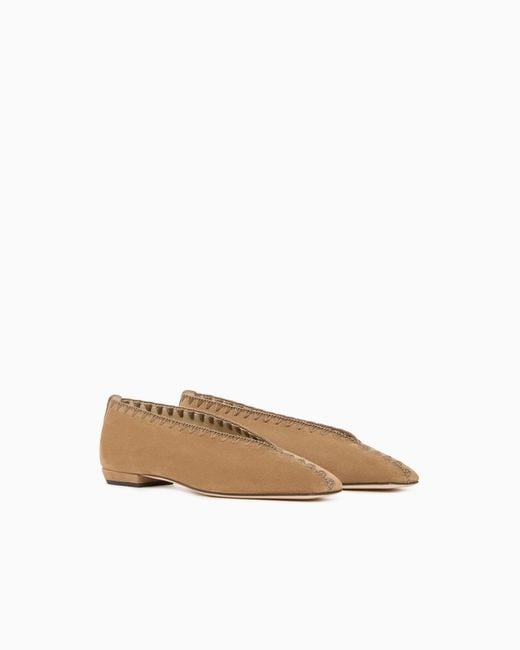 Giorgio Armani White Suede Ballerinas With Embroidery