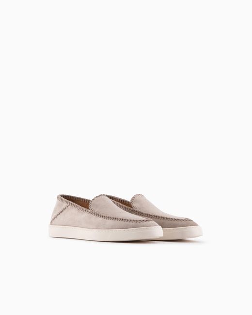 Giorgio Armani White Suede Slip On With Threading And Rubber Sole for men