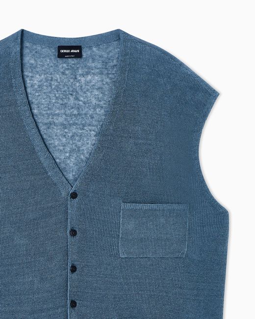 Giorgio Armani Blue Single-Breasted Linen Waistcoat for men