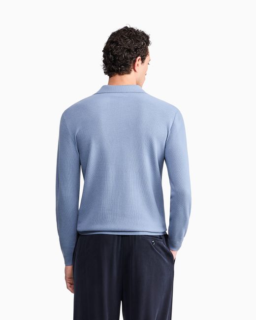 Giorgio Armani Blue Knit Polo Regular Fit Honeycomb Stitch Virgin Wool for men
