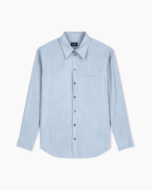 Giorgio Armani Blue Striped Cotton And Silk Shirt With Chest Pocket for men