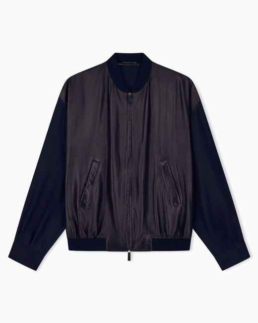 Giorgio Armani Blue Blouson Jacket Oversized Fit Leather With Silk Lining for men