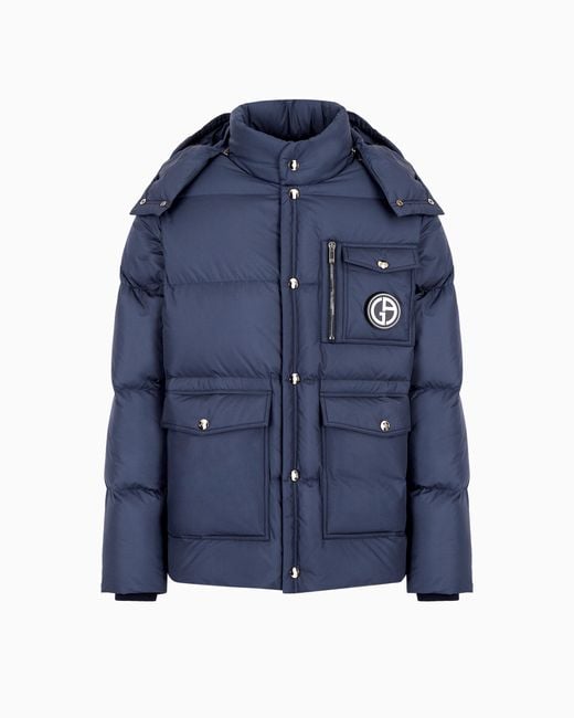 Giorgio Armani Blue Hooded Bomber Jacket With Goose-Down Padding Asv for men