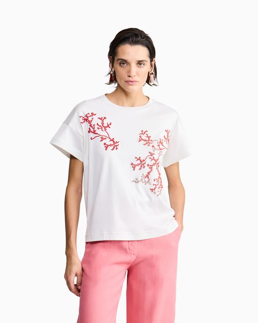 Giorgio Armani White Silk And Cotton Interlock T-Shirt With Coral Embroidery