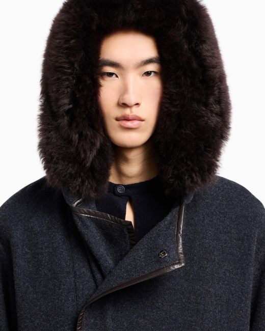Giorgio Armani Blue Cashmere And Wool Long Coat With Hood for men