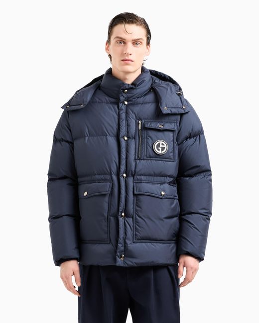 Giorgio Armani Blue Hooded Bomber Jacket With Goose-Down Padding Asv for men