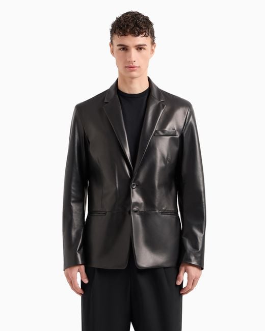 Giorgio Armani Black Single-Breasted, Nappa-Leather Jacket for men