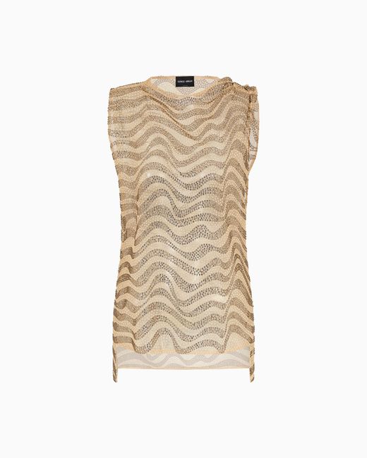 Giorgio Armani Natural Mesh And Lurex Top With Rhinestone Embroidery