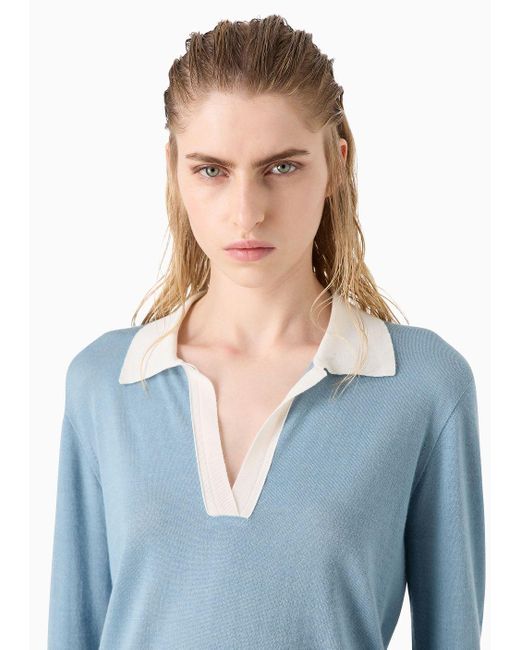 Giorgio Armani Blue Long-sleeved Cashmere And Silk Polo Shirt