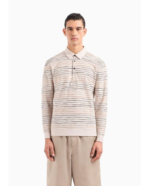 Giorgio Armani White Long-sleeved Polo Shirt In Linen, Cotton And Viscose Jersey Jacquard for men