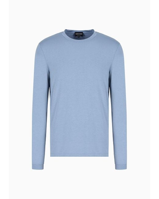 Giorgio Armani Blue Stretch Viscose Jersey Jumper With Crew Neck And Long Sleeves for men