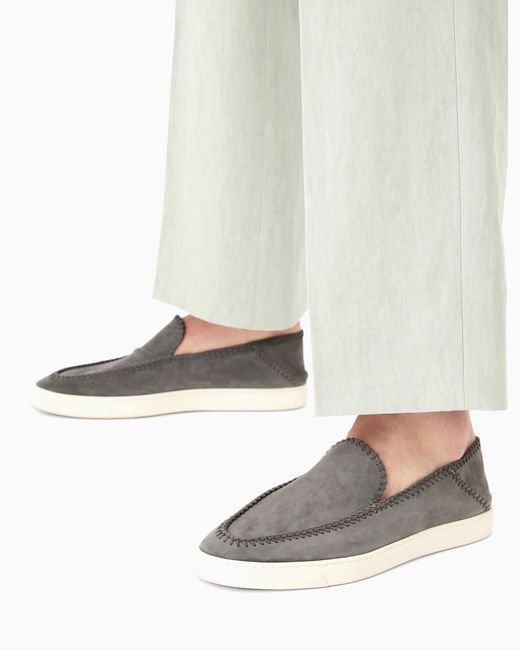 Giorgio Armani White Suede Slip On With Threading And Rubber Sole for men