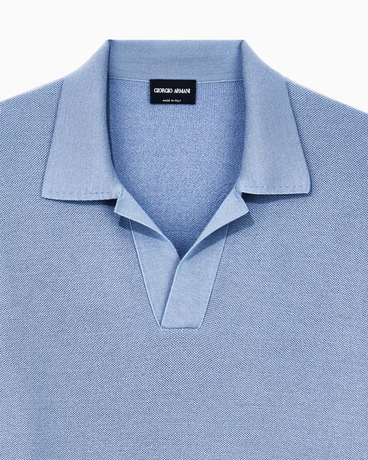 Giorgio Armani Blue Knit Polo Regular Fit Honeycomb Stitch Virgin Wool for men