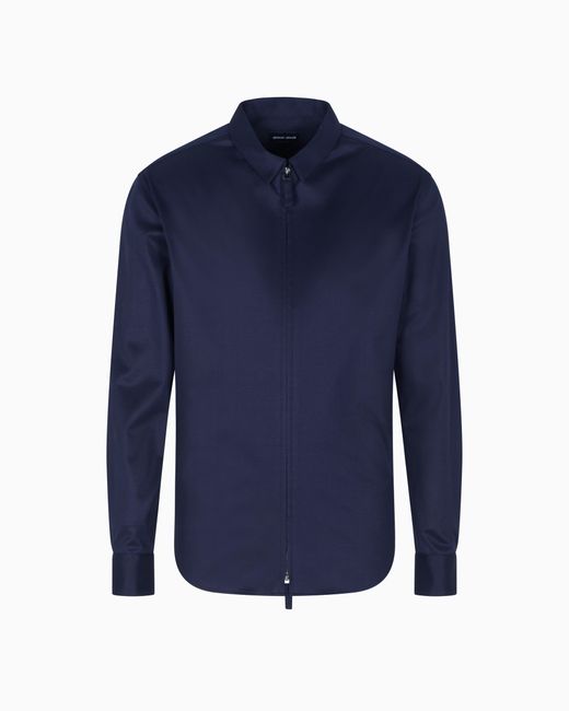 Giorgio Armani Blue Slim Fit Interlock Cotton Shirt With Full Zip Closure for men