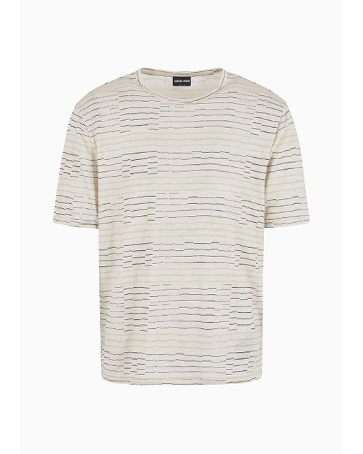 Giorgio Armani White Irregular Striped Print Linen Crew-neck T-shirt for men