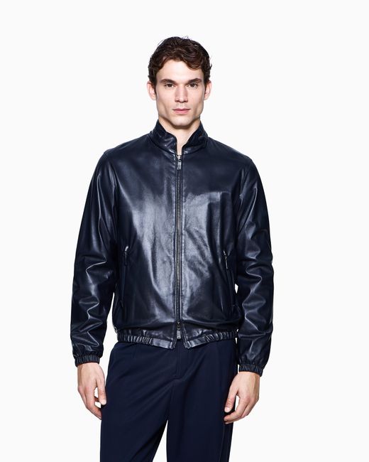 Giorgio Armani Blue Nappa Leather Blouson With Zip for men
