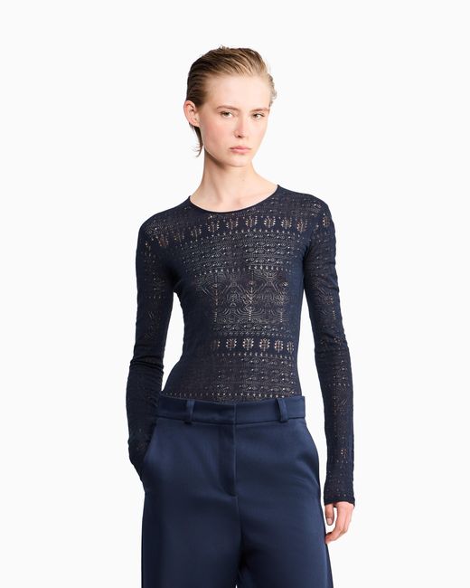 Giorgio Armani Blue Sweater Slim Crew Neck Stretch Cotton Lace