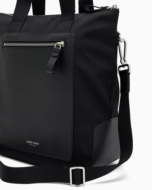 Bolso Shopper Pequeño De Nailon Reciclado Y Cuero Plena Flor Giorgio Armani de hombre de color Black