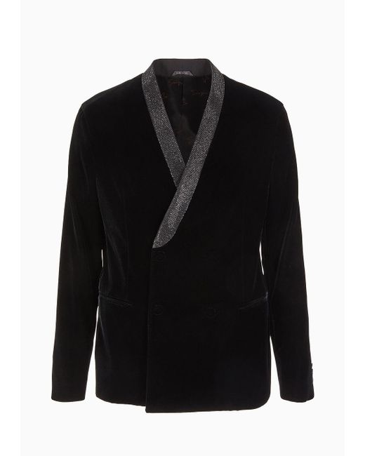 Giorgio Armani Black Double-breasted Giorgio's Jacket In Stretch Velvet for men
