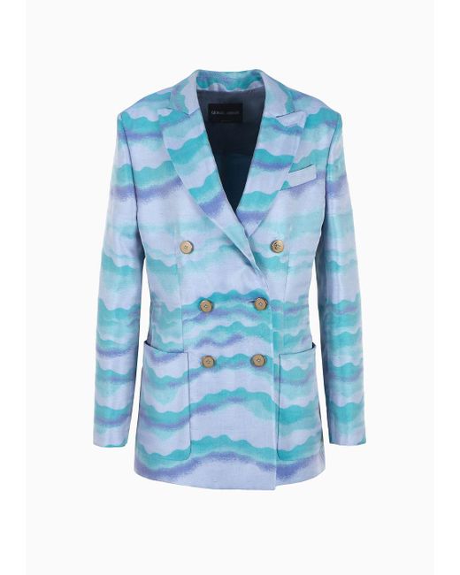 Giorgio Armani Blue Double-breasted Jacket In Jacquard With A Wave Motif