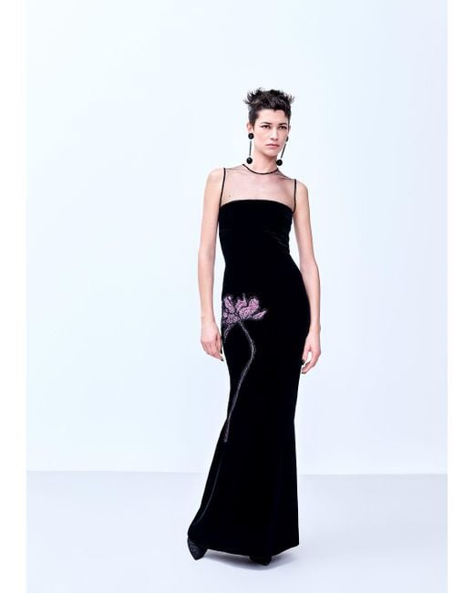 Giorgio Armani Black Long Velvet Dress With Floral Embroidery