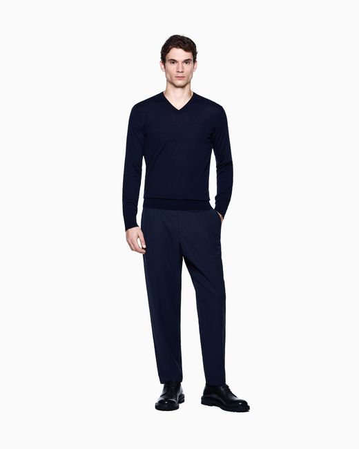 Giorgio Armani Blue Virgin Wool Crew Neck Sweater With Ribbed Trims for men