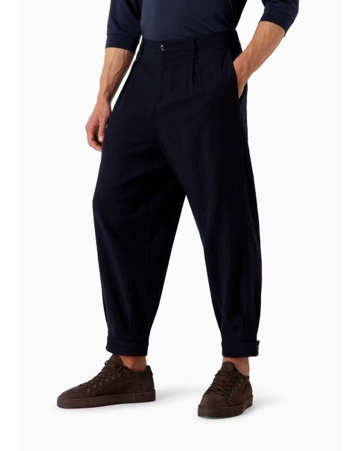 Giorgio Armani Blue Single-darted, Crinkled Wool Flannel Trousers for men