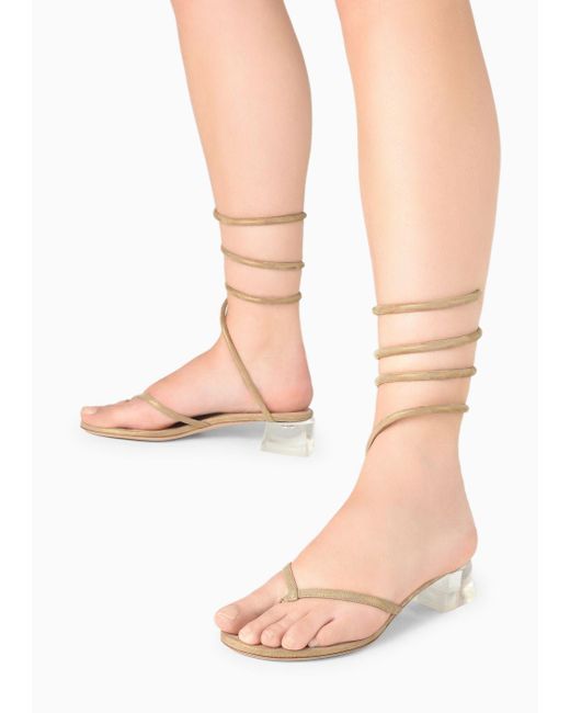 Giorgio Armani Natural Laminated Suede Heeled Thong Sandals With A Spiral Strap